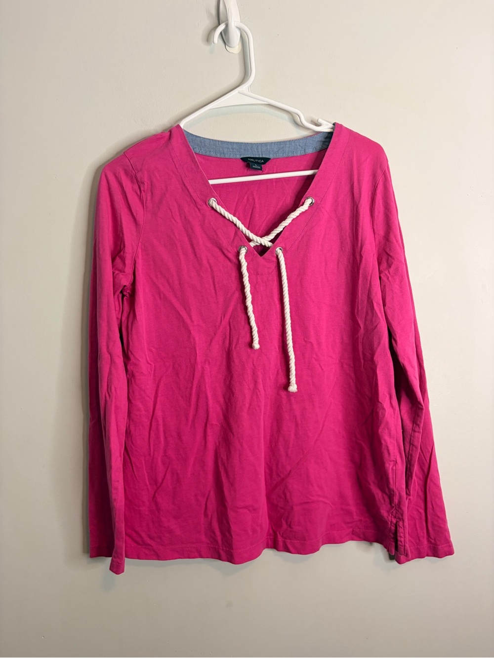 Nautica 100% Cotton Pink Lace-Up V-Neck Long Sleeve Top